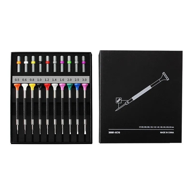Ten-piece watch repair tool set with manual screwdriver and interchangeable heads for precision repair work