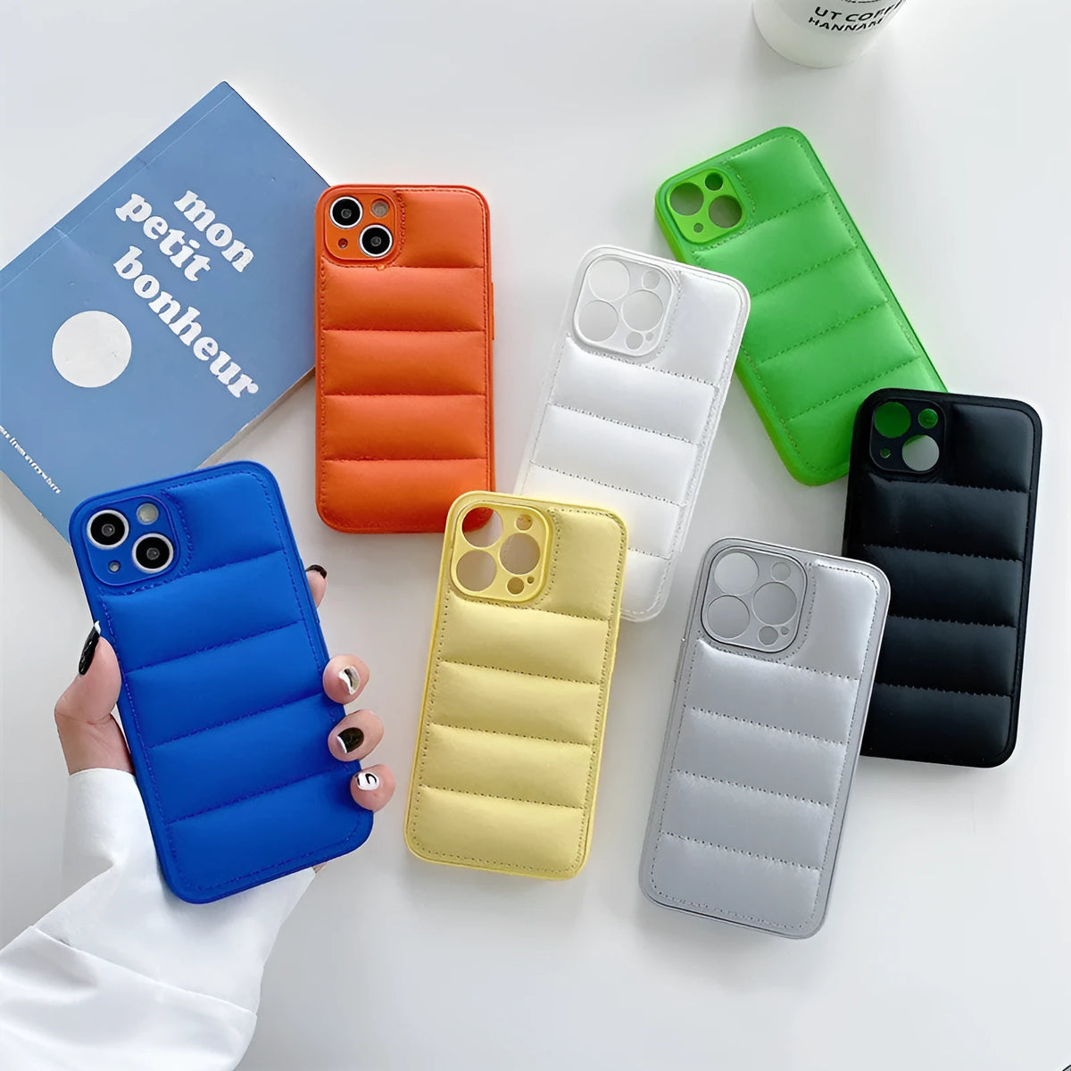 Down jacket phone case for iPhone 14 Pro in blue TPU and PC solid colour back cover