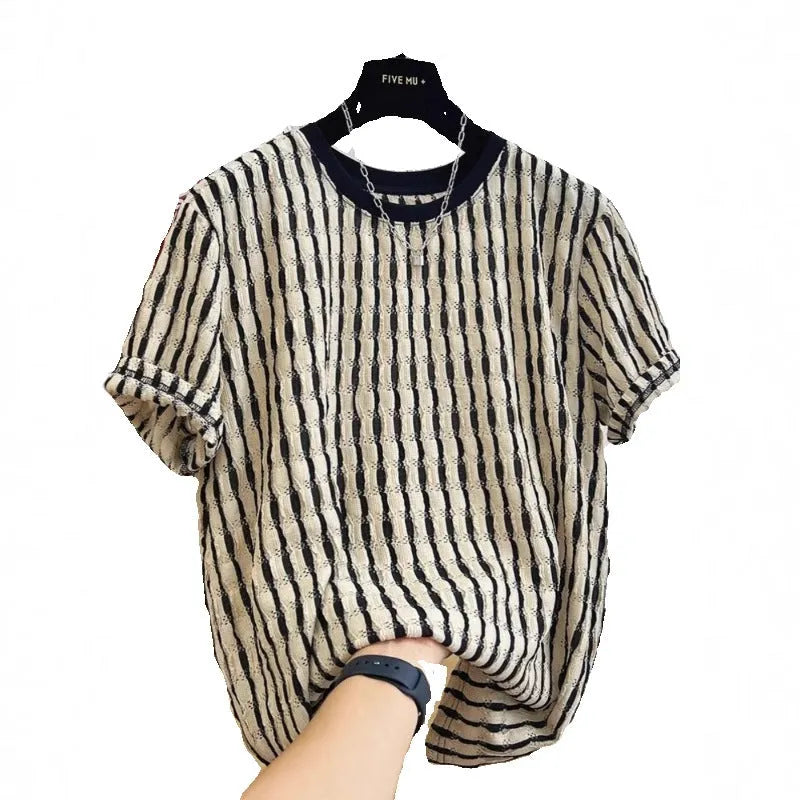 Men's black striped linen short sleeve shirt in loose pullover style