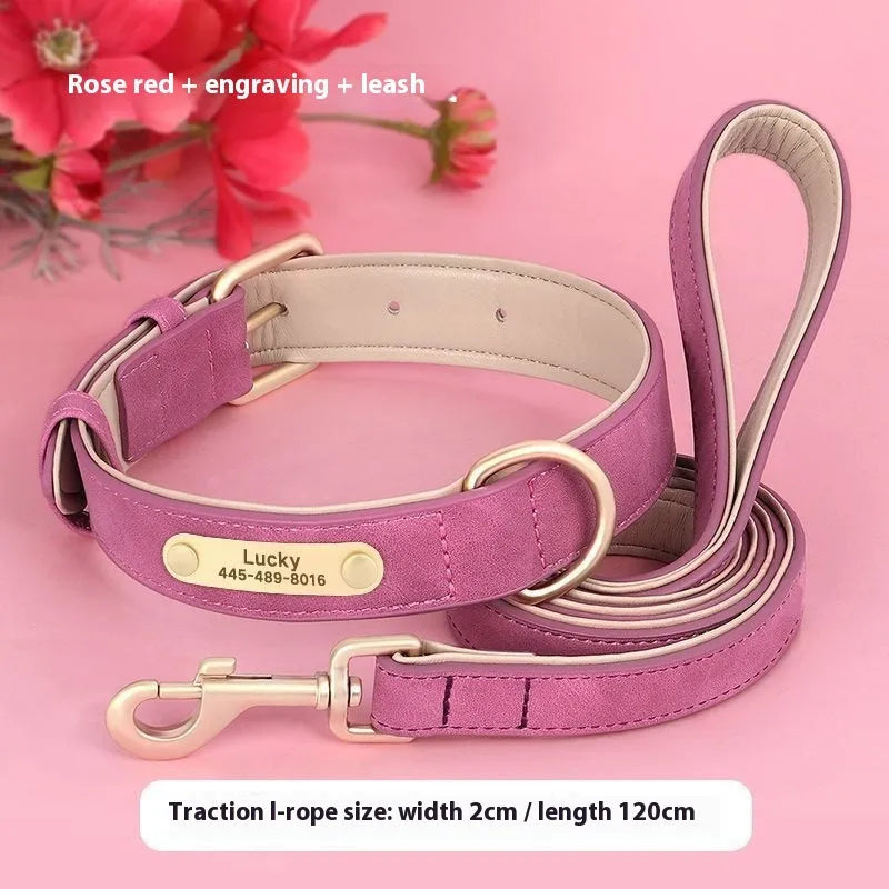 A blue double-layer leather dog collar with a matching leash on a white background.