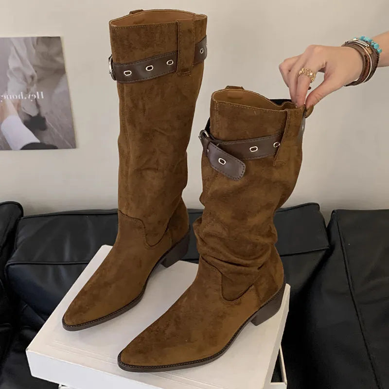 Western cowboy mid-calf boots with chunky heel and pointed toe in black, khaki, and brown