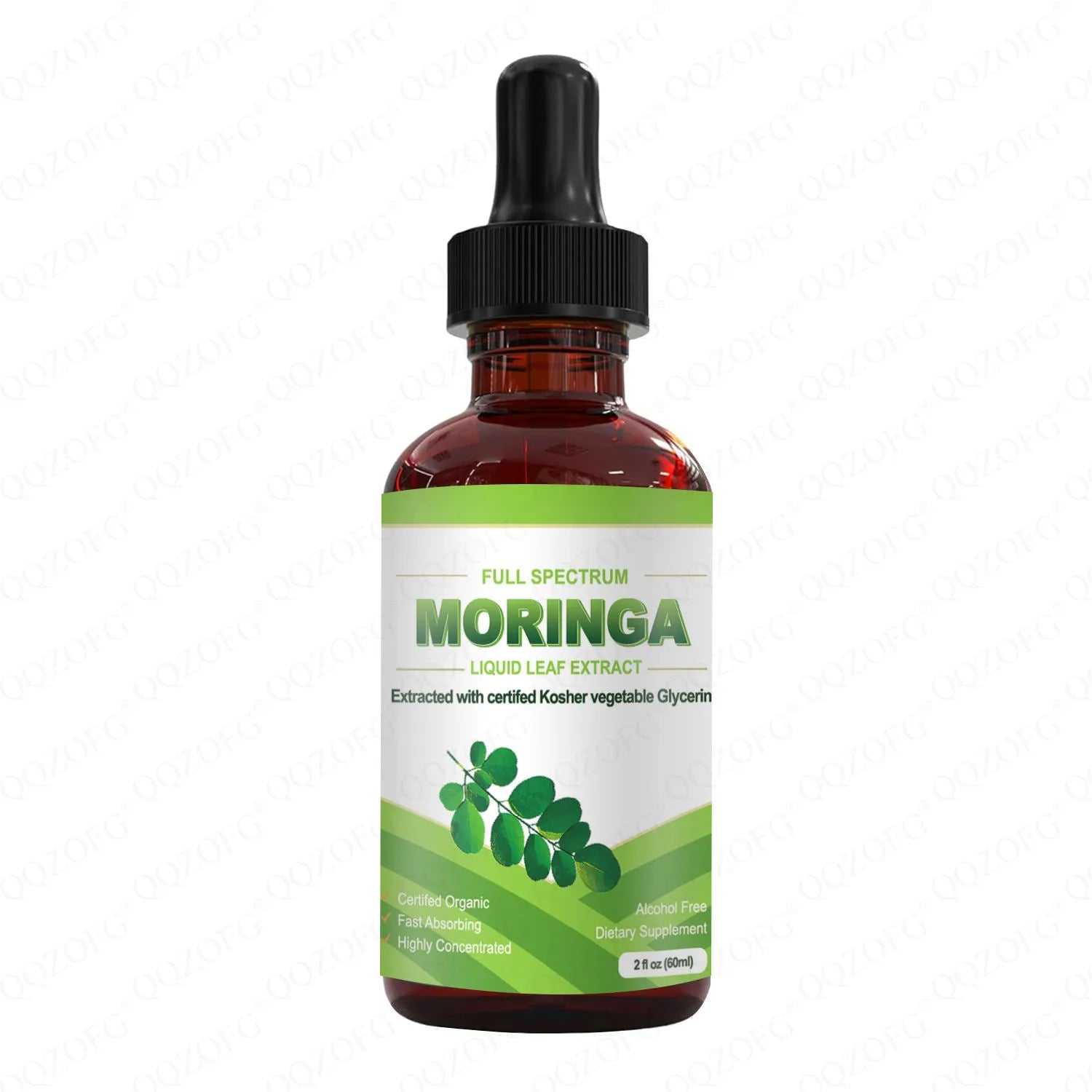 Bottle of organic moringa leaf extract drops 60ml with dropper on white background