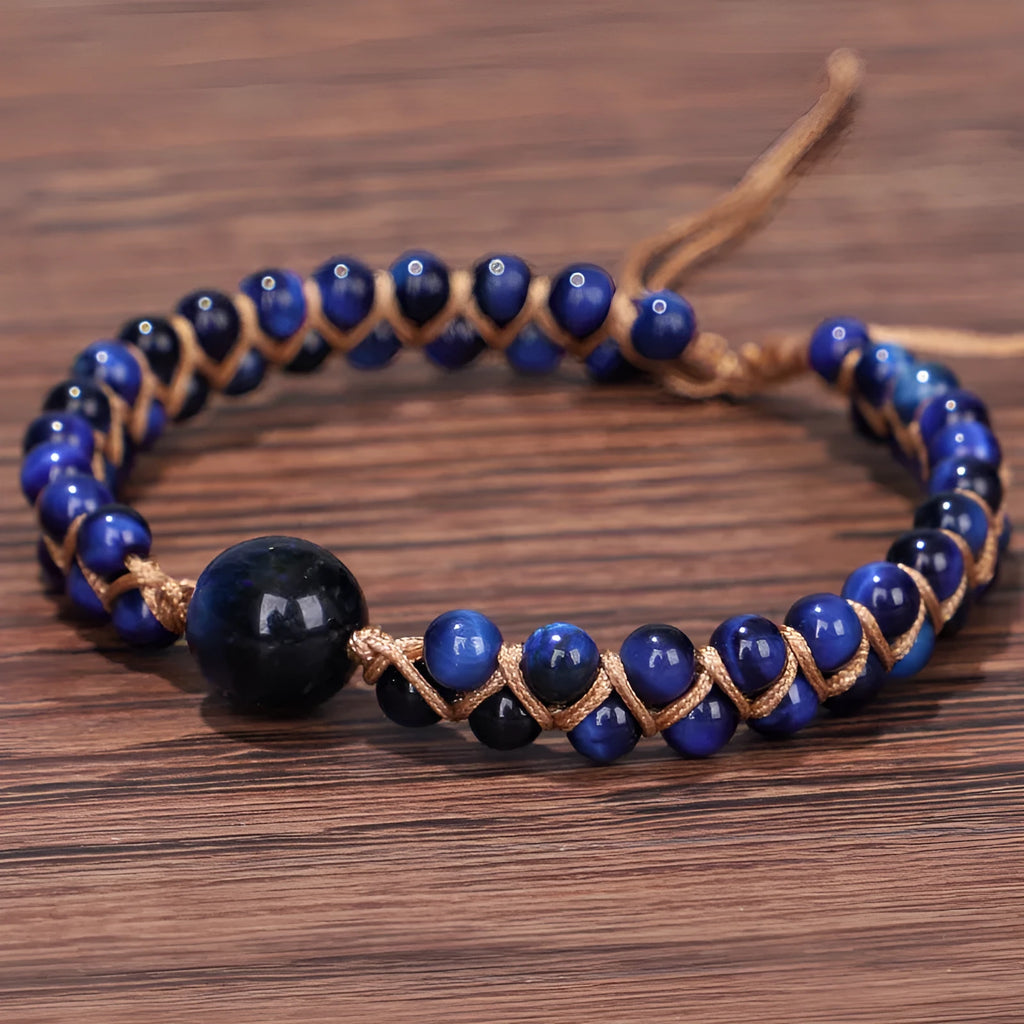 Handmade woven pull bracelet with geometric pattern in Tigereye or Amethyst stone beads