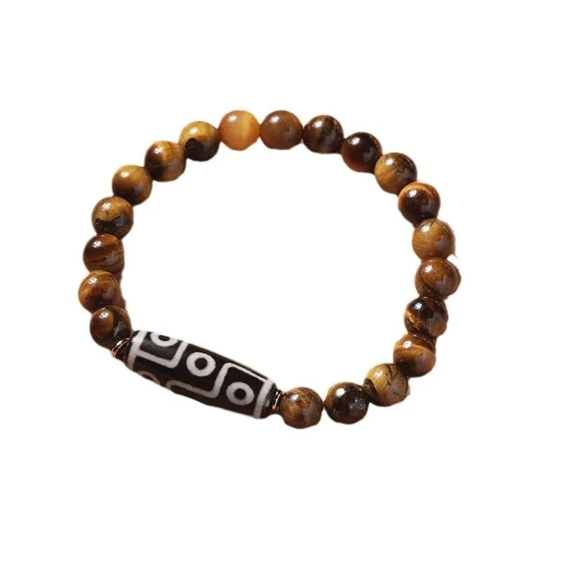 Simple single-circle Tigereye Dzi bead rosary bracelet showing the banded stone, available in multiple bead sizes.