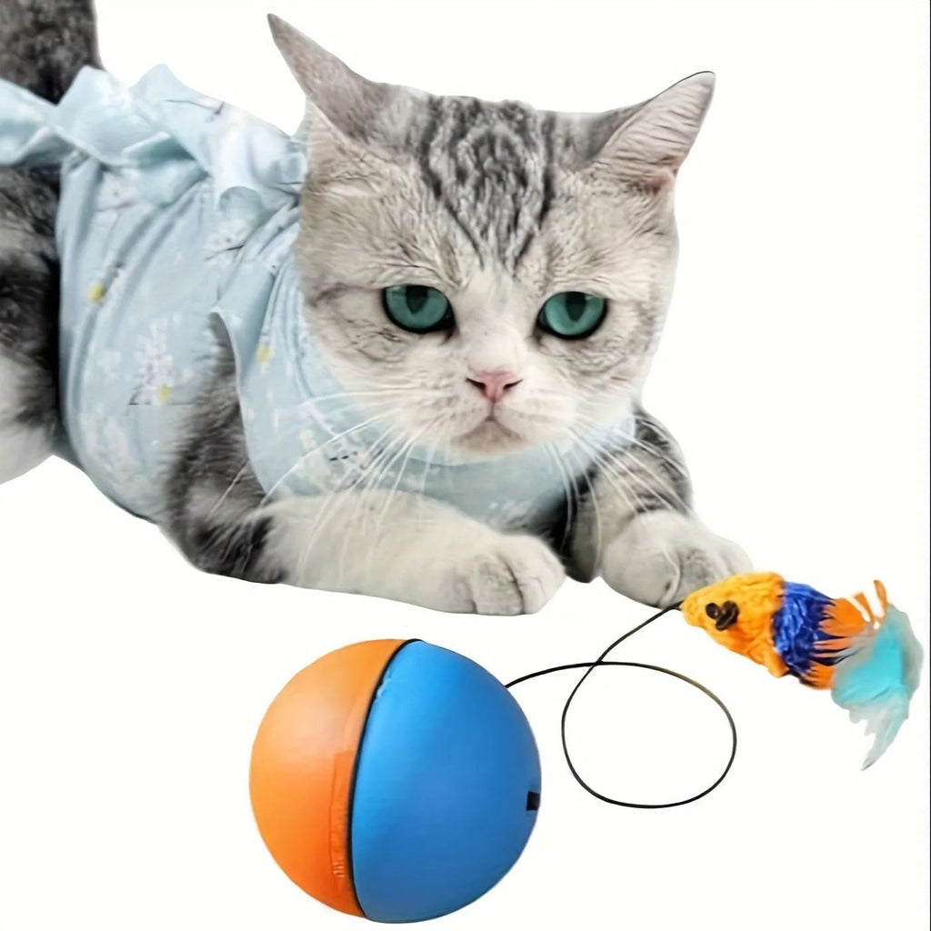 Interactive blue and orange cat toy ball with plush mouse measuring 8.5x8.5x9 cm