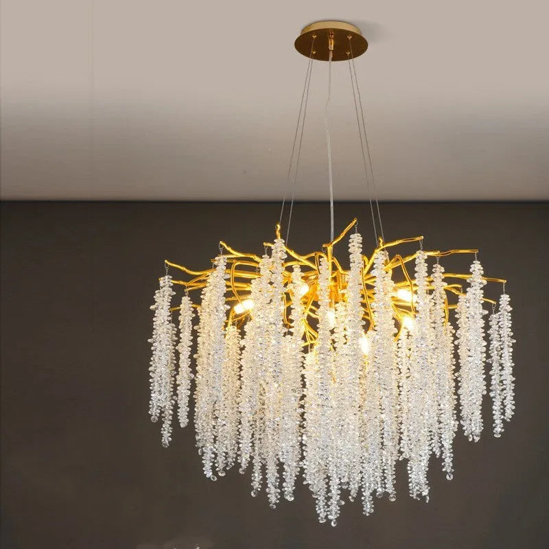 Aluminium alloy crystal chandelier light with adjustable drop, shown in round and long style options.