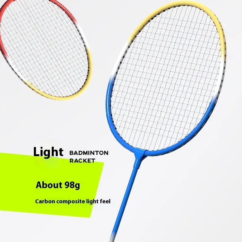 Pair of blue and red alloy badminton rackets with split body design on a court.