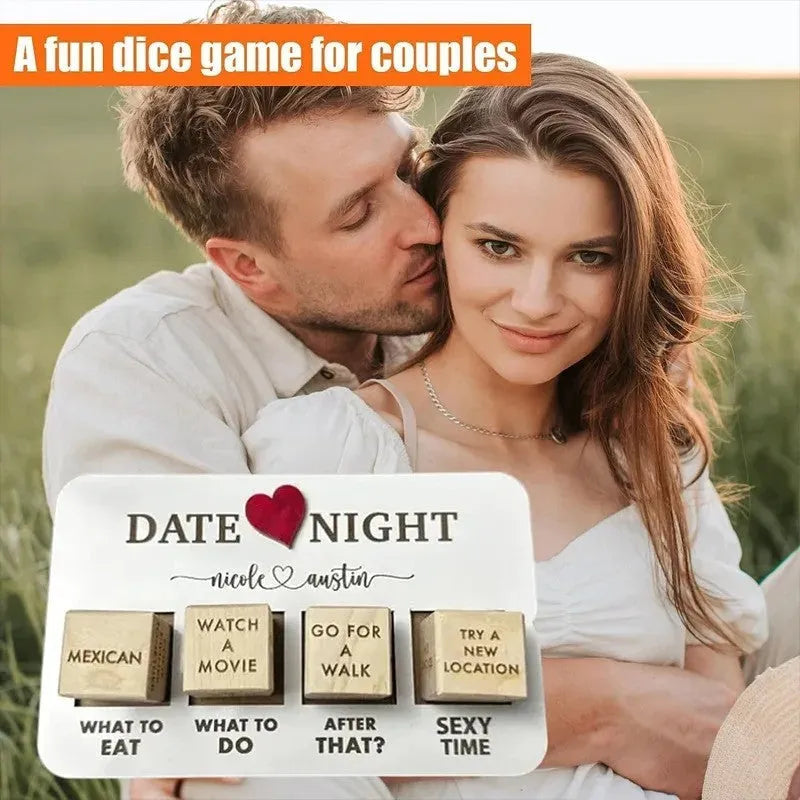 Wooden date night dice set showing five dice, date planner board, and black storage bag for couple's activities