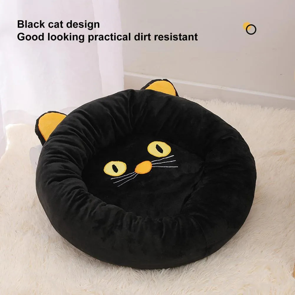 Black cat-shaped velvet pet nest bed with raised edges in two size options