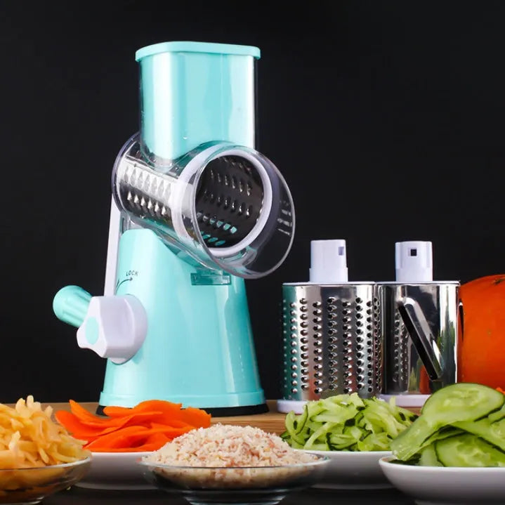 Round manual mandoline slicer with stainless steel blades in blue, green, or red colour