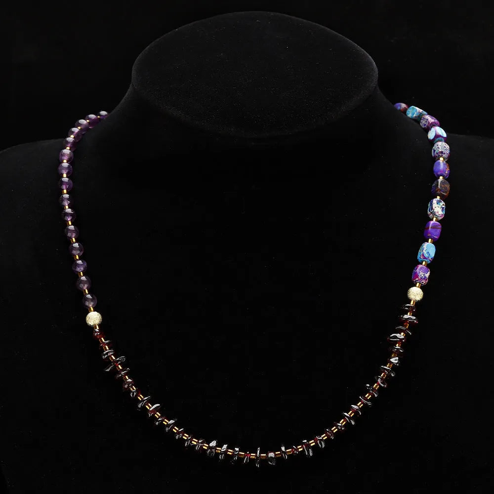 Purple amethyst and garnet stone bead bracelet with geometric design and manual craft details