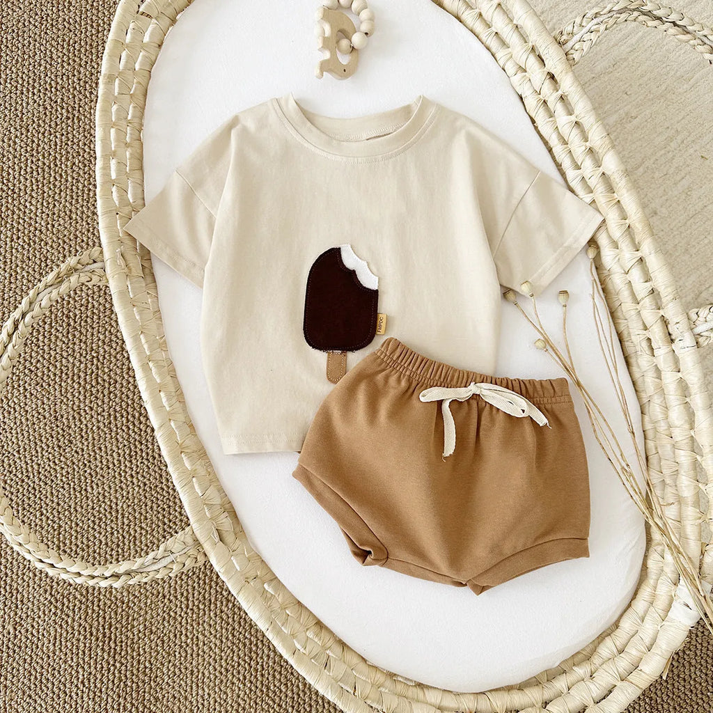 Girls' cotton shorts suit two-piece set with ice cream patch in olive, apricot or white colours