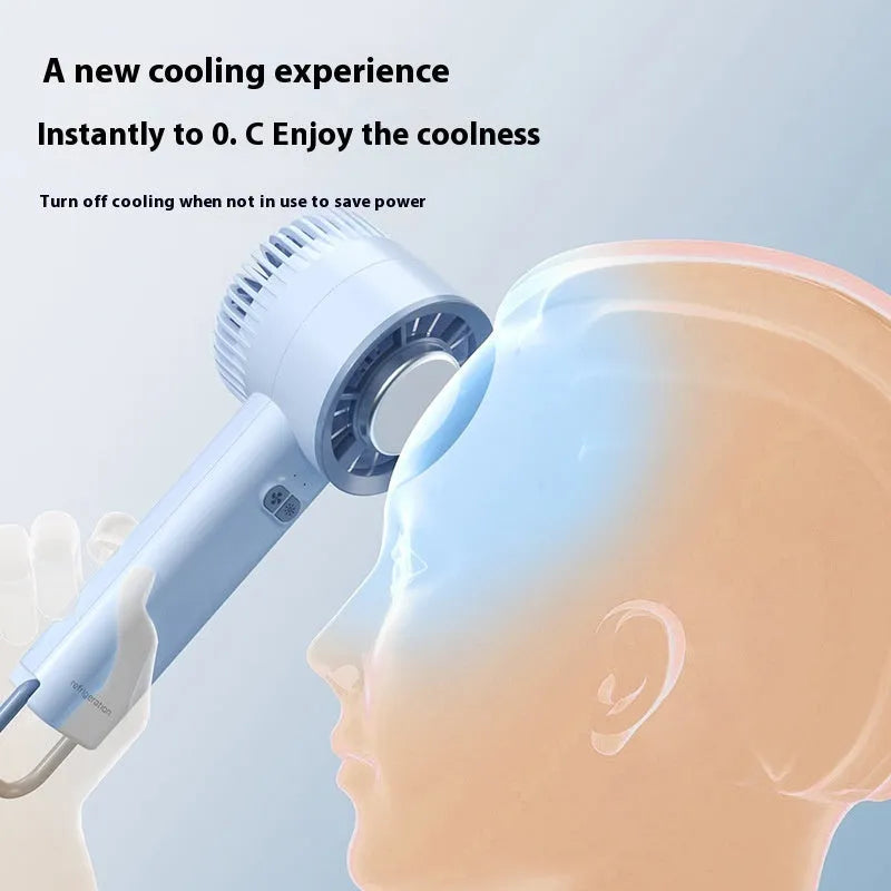 White and light blue handheld portable fan with touch controls and three blades.