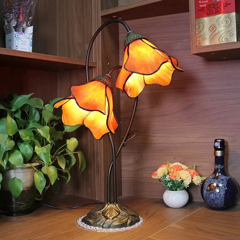 American retro classical table lamp with glass lotus flower head in choice of twelve colours and styles
