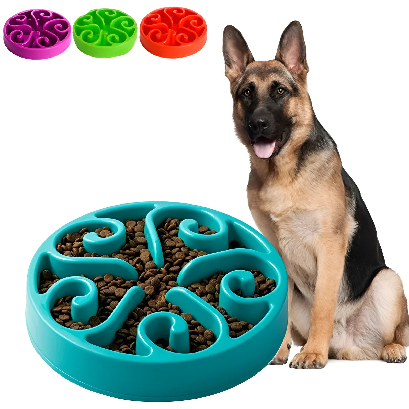 Colour options of an eco-friendly dog slow feeder bowl with maze pattern and non-slip base.
