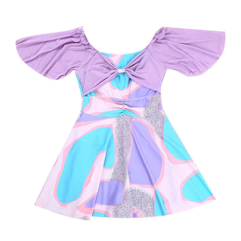 Women's high-waist floral one-piece swimsuit in light purple or light blue pattern for swimming
