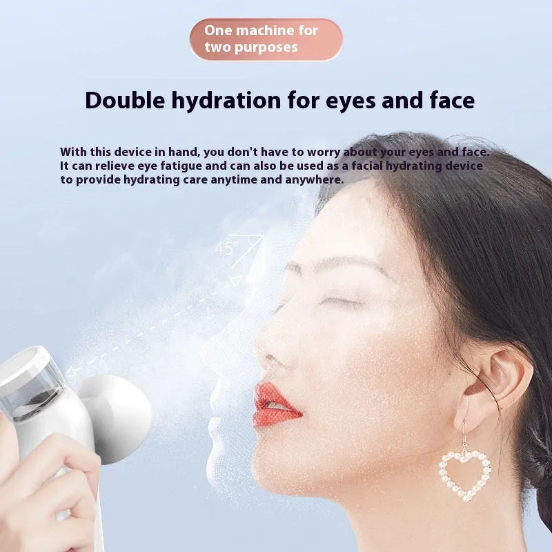 White portable eye massager with cold and hot compress functions and included fabric eye mask
