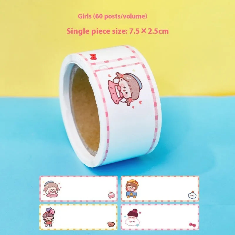Roll of cartoon name tape stickers showing dinosaur, astronaut, rabbit and girl designs for student organisation