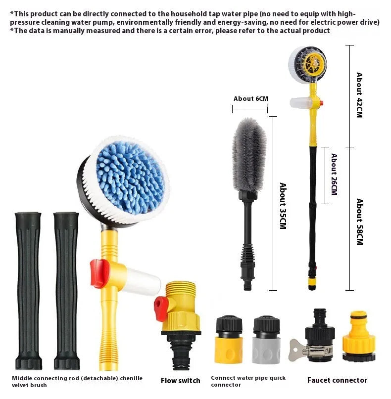 Yellow car wash mop cleaning tool with a long handle and chenille brush head.