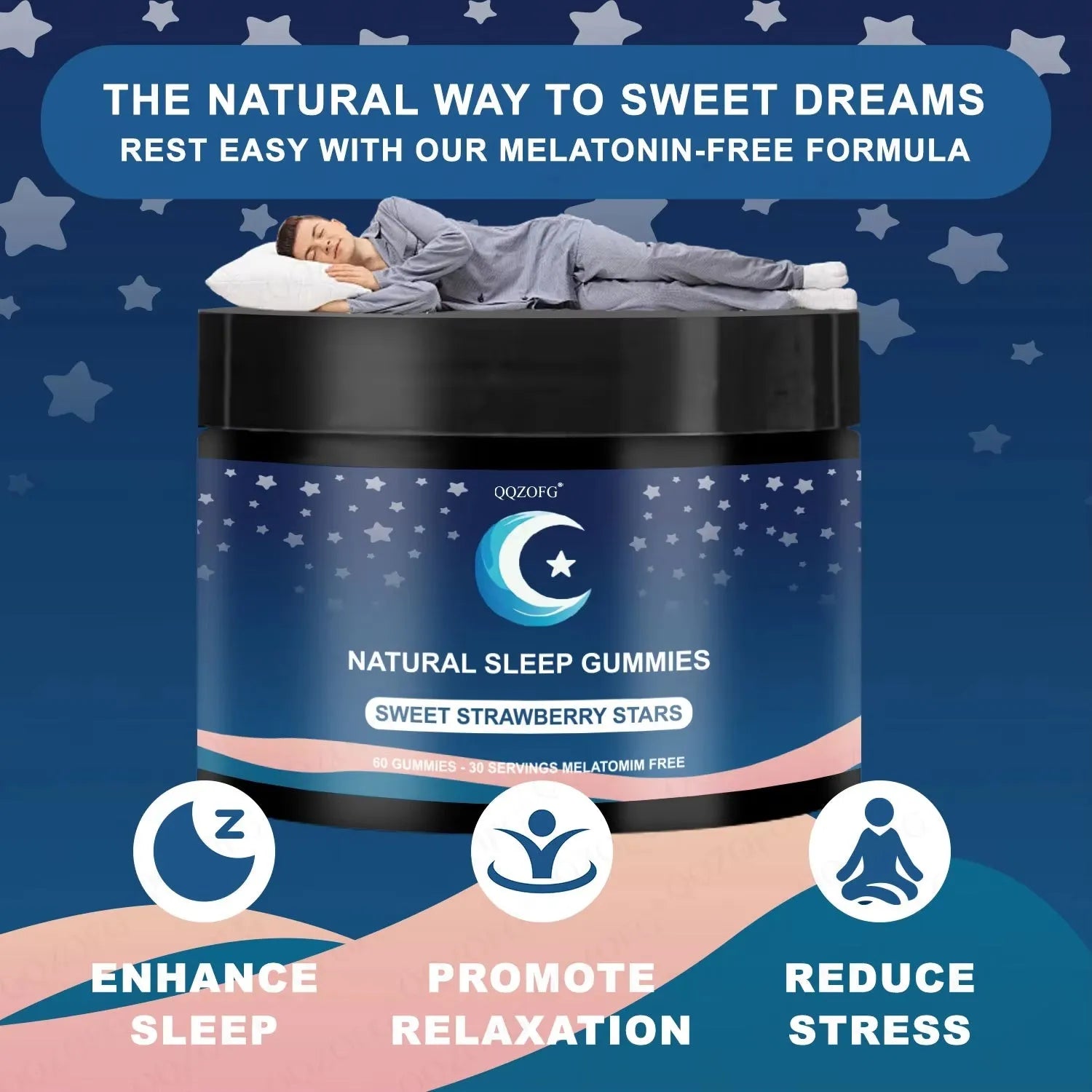 Bottle of natural sleep gummies with strawberry flavour, 60 count, vegan pectin-based star-shaped gummies