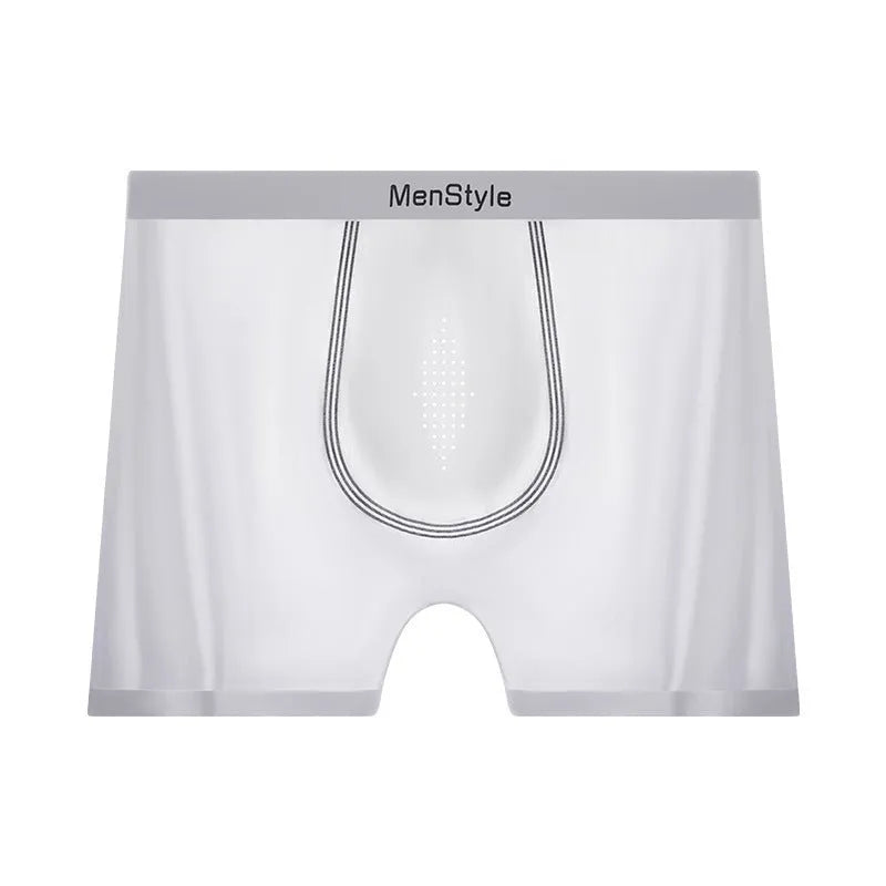 Men's satin ice silk seamless boxer shorts in nylon fabric, showing mid waist fit.