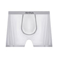 Men's satin ice silk seamless boxer shorts in nylon fabric, showing mid waist fit.