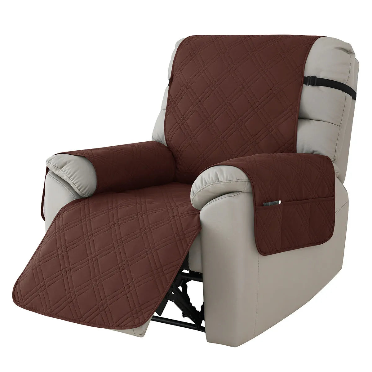 Quilted burgundy waterproof cover fitted on a Chivas massage chair sofa cushion.