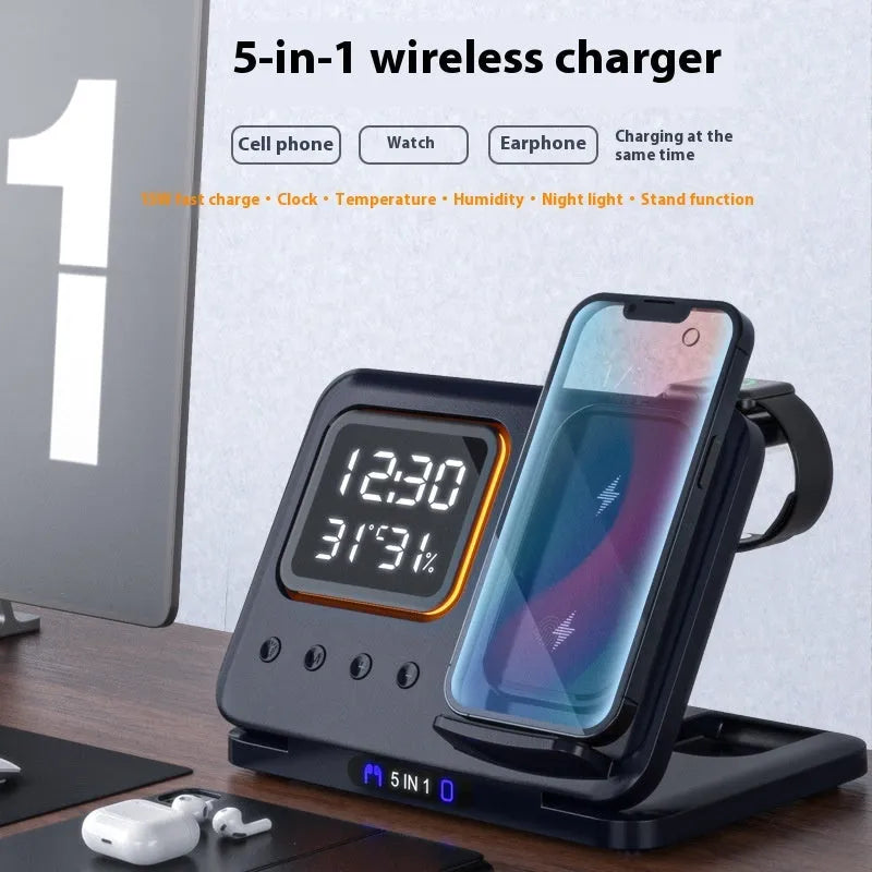 Black 15W wireless charging dock station with digital clock display charging a phone and watch