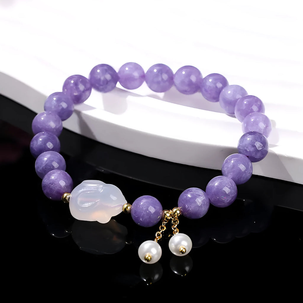 Purple aquamarine chalcedony lychee jelly agate rabbit bracelet with geometric design and round elements