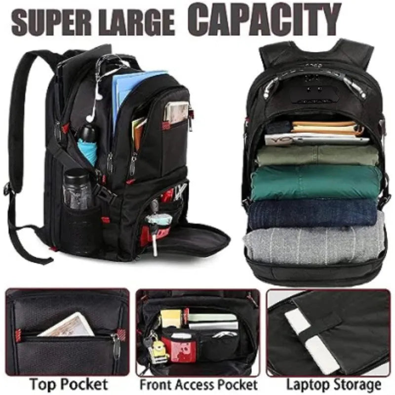 Large black USB charging backpack with curved shoulder straps showing external USB port and Oxford cloth texture