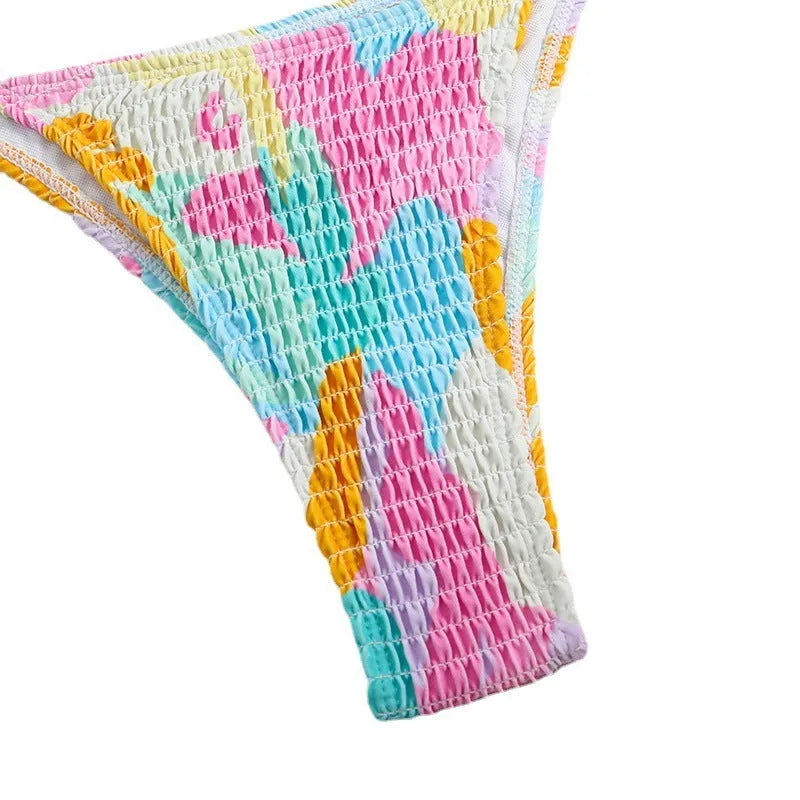 Multicolour floral gradient triangle bag bikini swimsuit with smocking detail for women.
