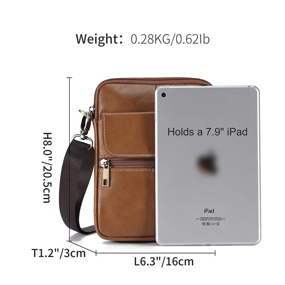 Men's brown leather crossbody shoulder bag with visible stitching and crossbody strap