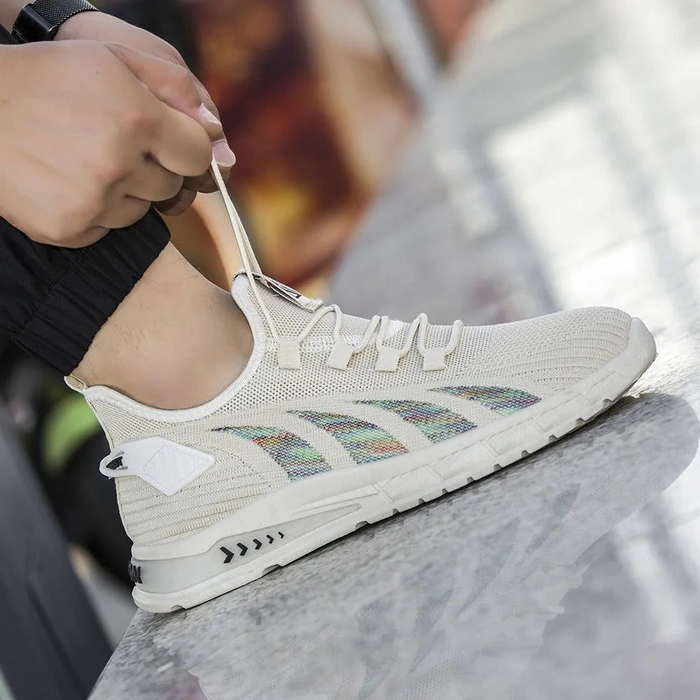 Low-top mesh sneaker in neutral colour with flat plastic sole, shown in student leisure style.