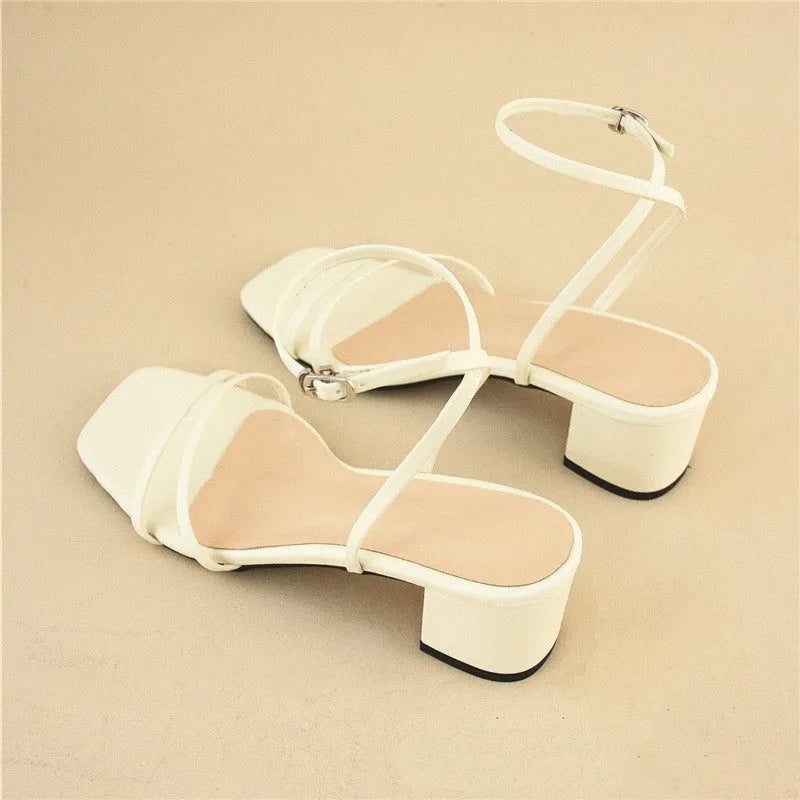 Women's beige square toe stiletto sandals with chunky heel and ankle buckle