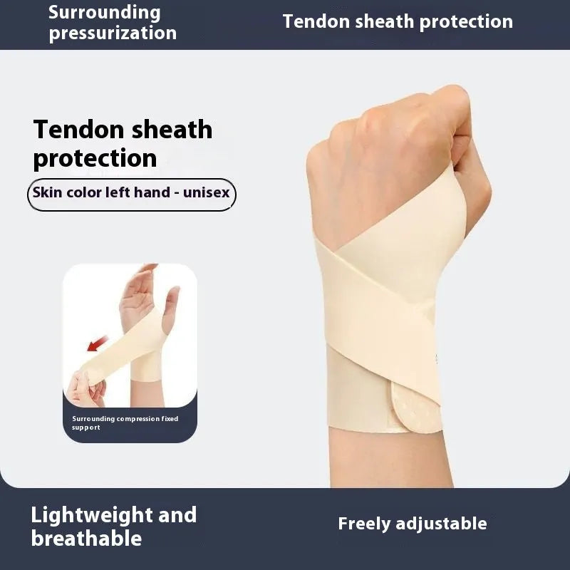 Adjustable black athletic wristguard for wrist support during sports like badminton and tennis.
