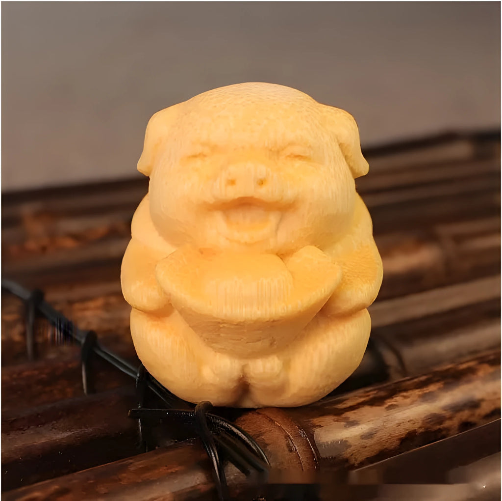 Solid bamboo carved pig ornament with traditional Chinese carving techniques measuring 4cm height