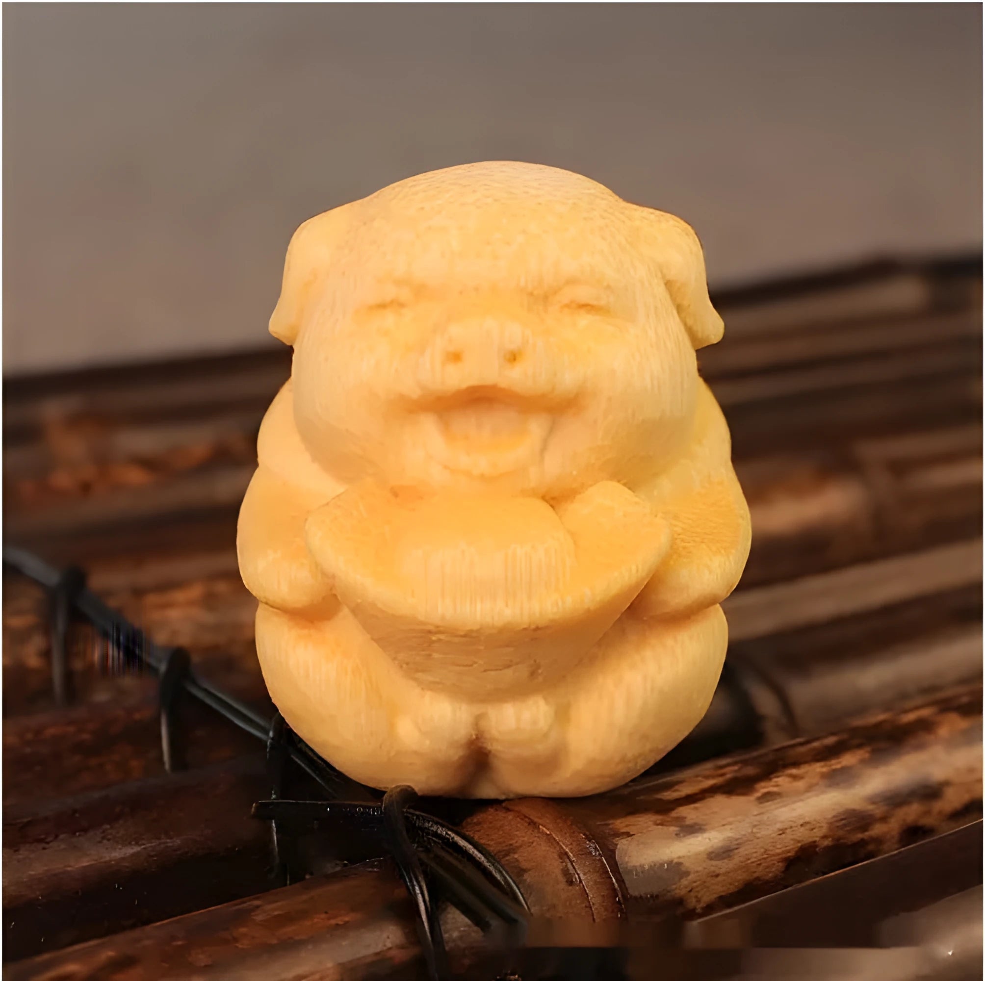 Solid bamboo carved pig ornament with traditional Chinese carving techniques measuring 4cm height