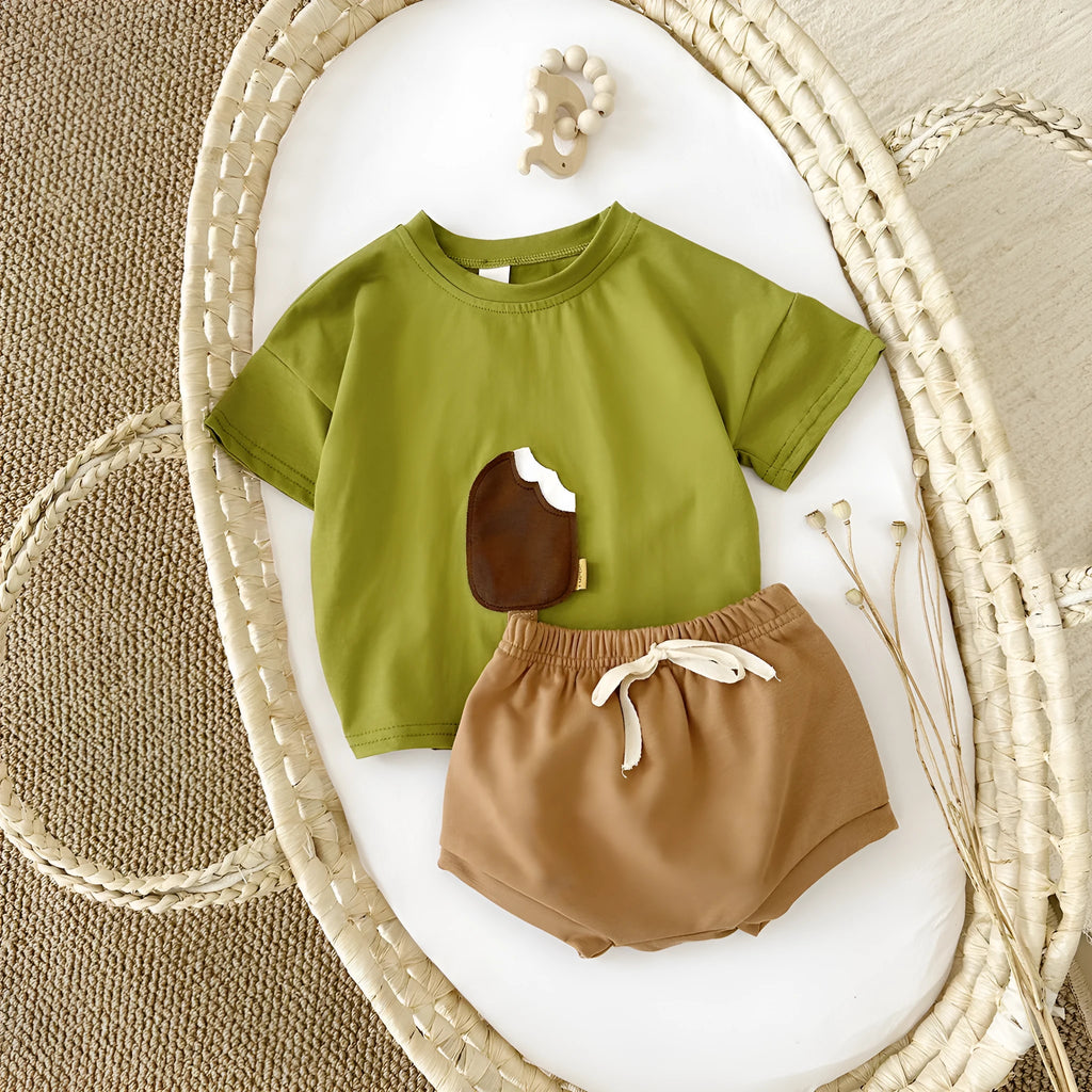 Girls' cotton shorts suit two-piece set with ice cream patch in olive, apricot or white colours