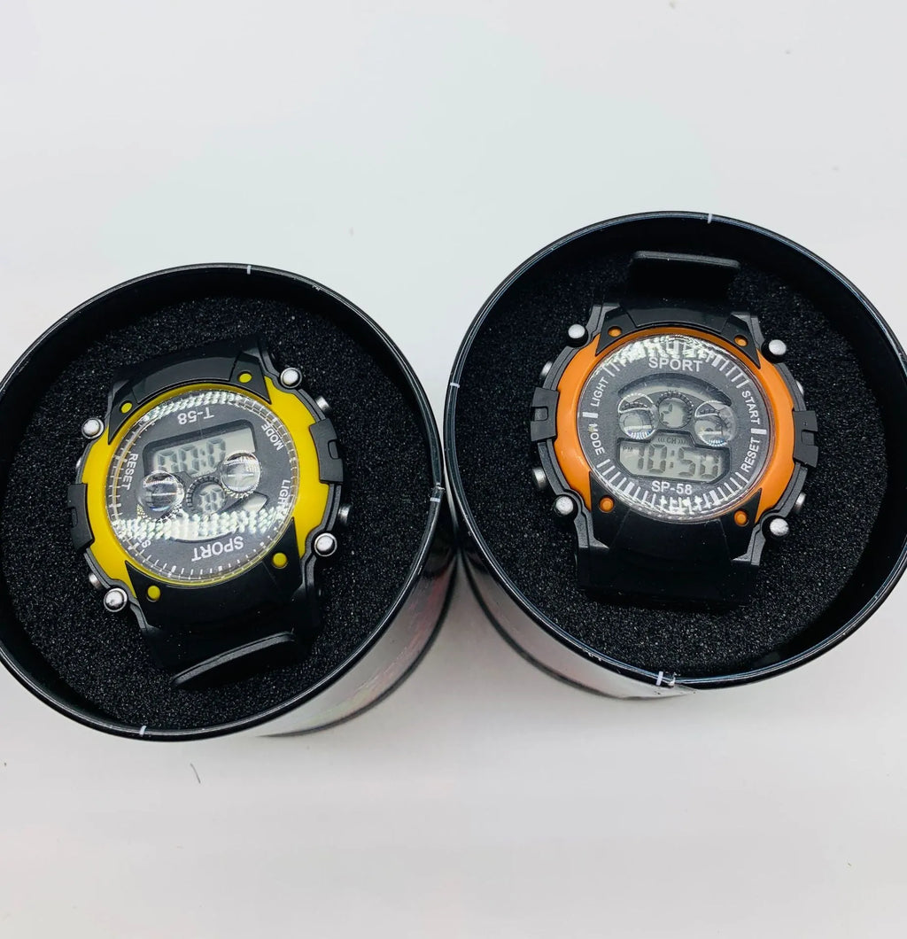 Children's digital sports watch with silicone strap and plastic case, shown in a random colour mix.