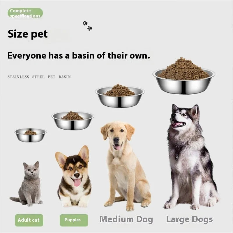 Stainless steel pet bowl set showing five different sizes from 13cm to 22cm diameter.