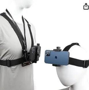 9-in-1 black chest strap and headband suit for sports cameras and smartphones on a plain background