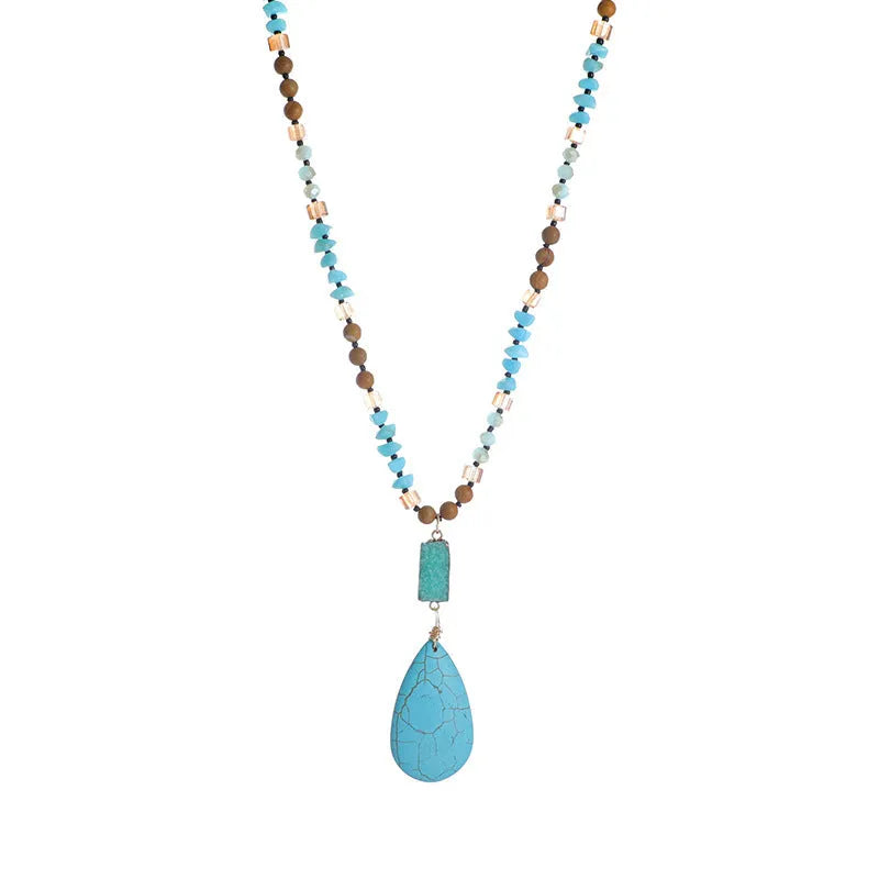 Blue turquoise imitation mineral pendant necklace with heart-shaped drop design on ball bead chain