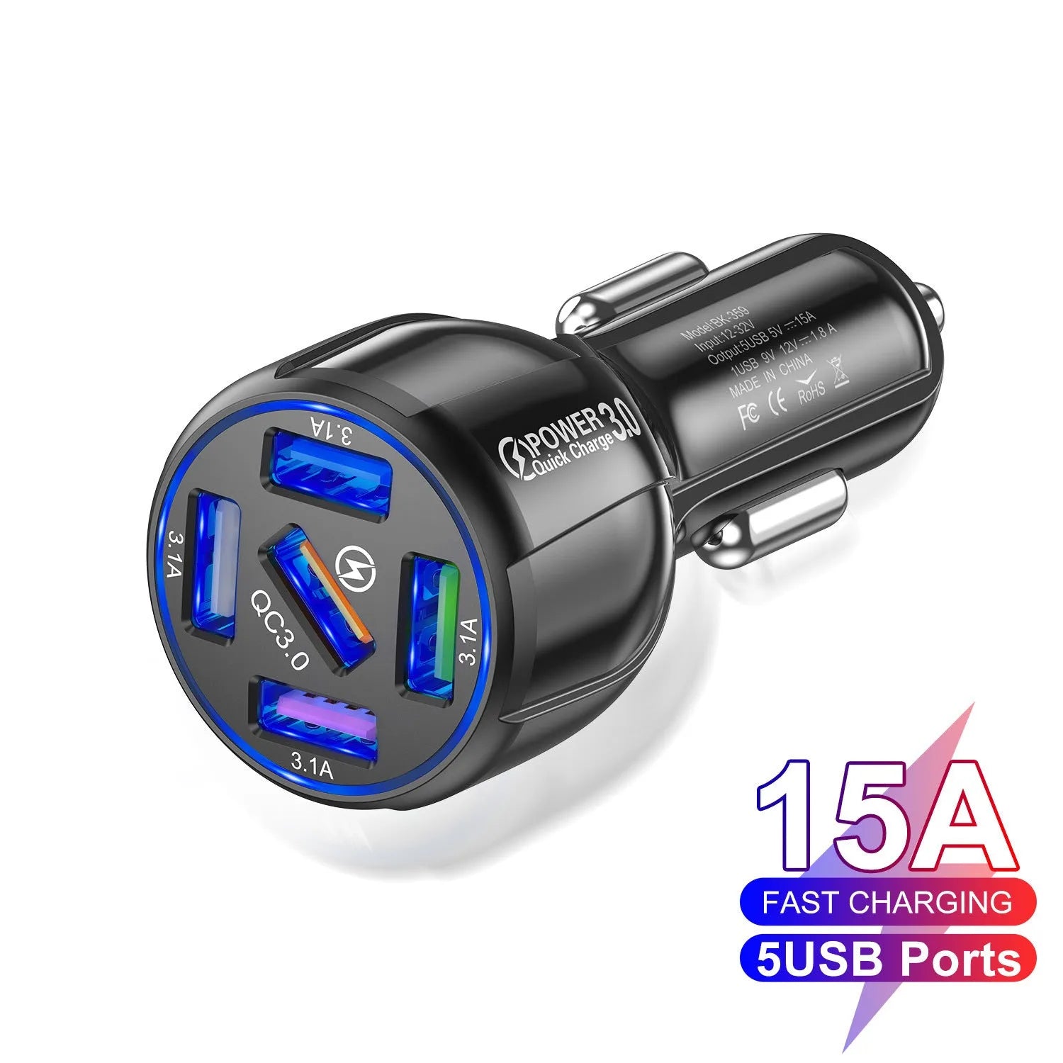 5-port QC3.0 15A USB car charger in black with five USB ports and fast charge label