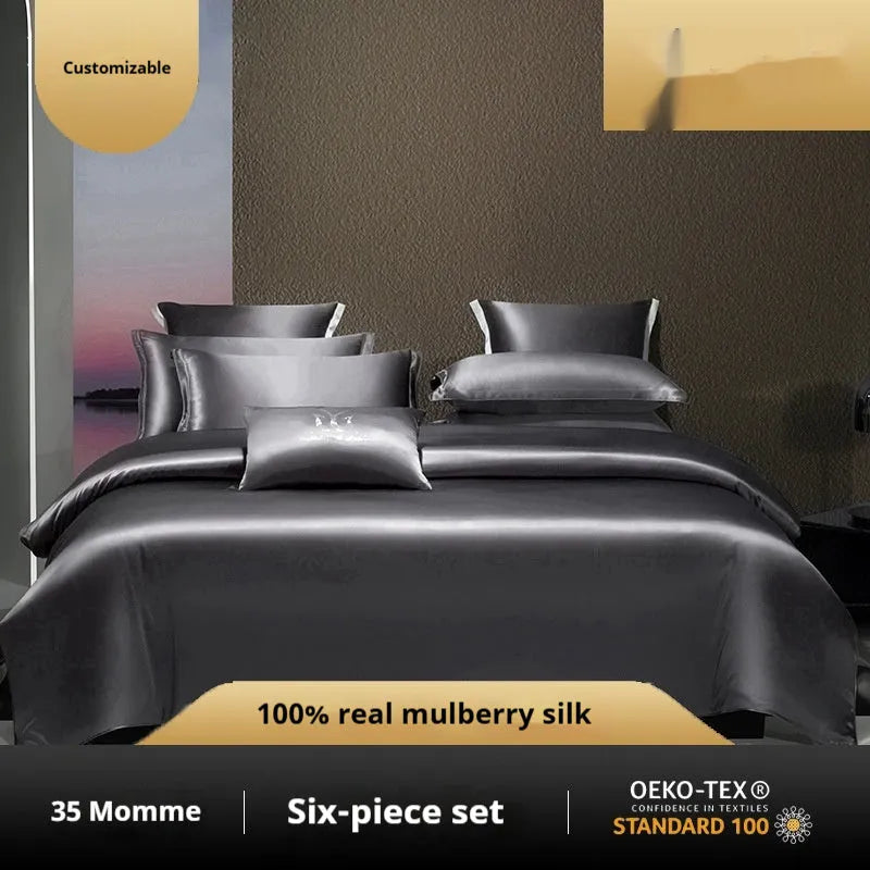 Household Fashion silk duvet cover and pillowcases in Morandi Pink colour on a bed