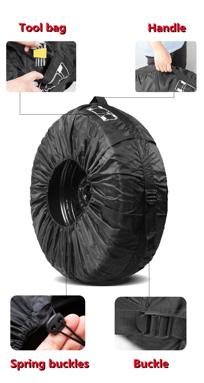 Set of four black Oxford cloth car tyre protective covers laid flat