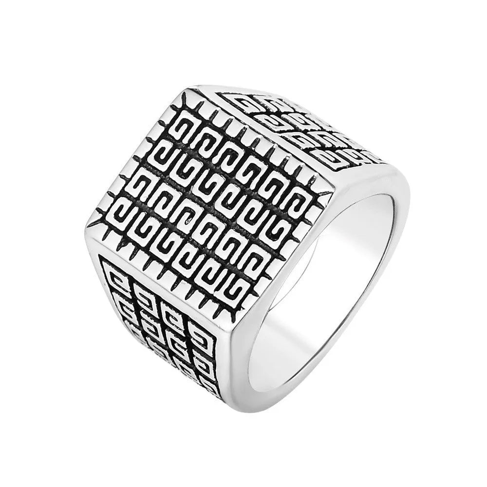 Square simple mens stainless steel ring in retro style, silver colour, size No. 10