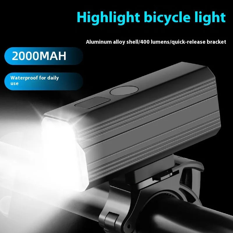 Aluminium alloy mountain bike light with silicone mount showing 400 lumen output and USB-C port