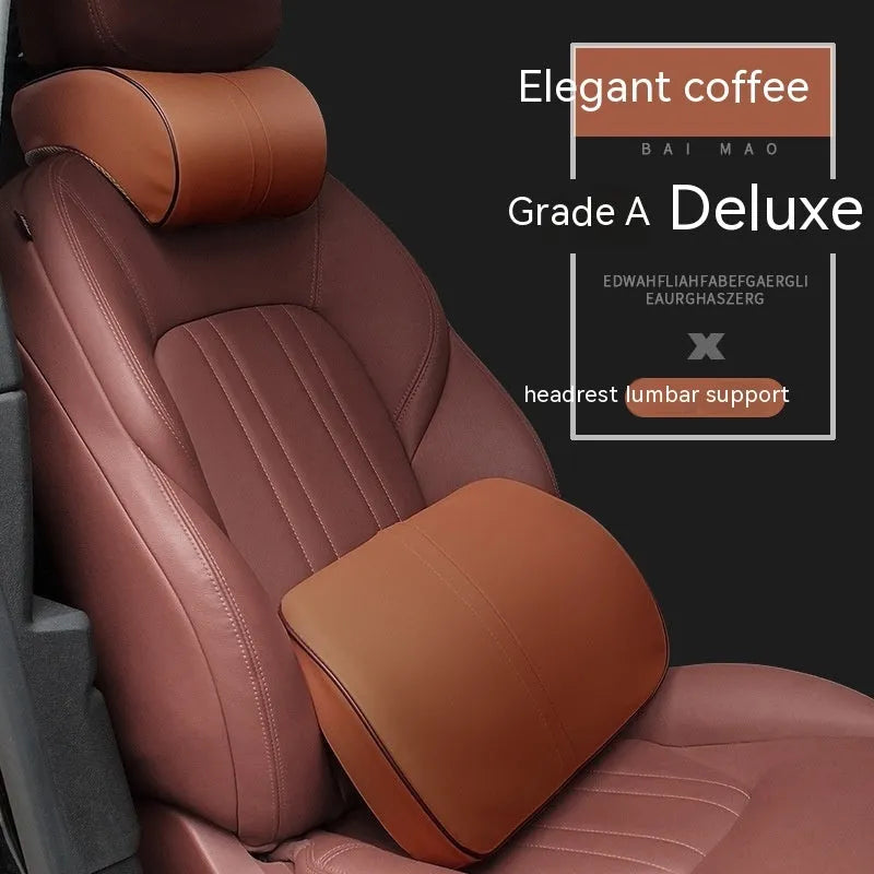 Solid colour leather memory foam car cushion shown as a headrest and lumbar support pillow
