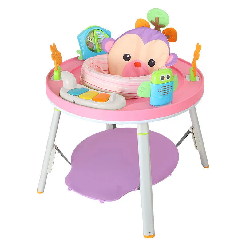 Baby jumping chair activity centre with bouncing frame and interactive toys in duck design.