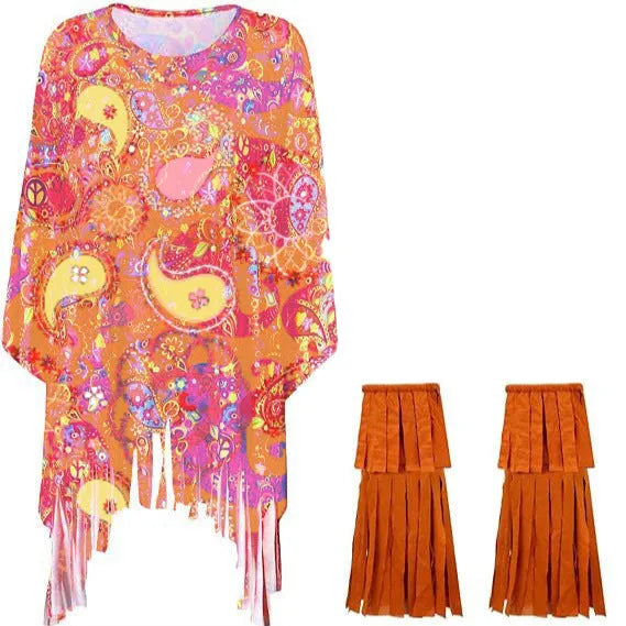 Adult wearing a vibrant tie-dye cloak with bell sleeves, showcasing the spandex fabric and sleeveless design.